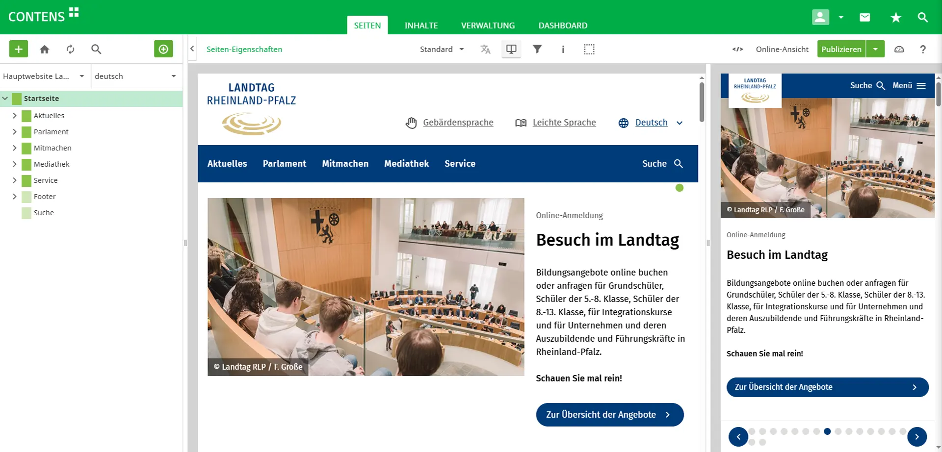 Split-screen view of the website of the Rhineland-Palatinate State Parliament in CONTENS CMS