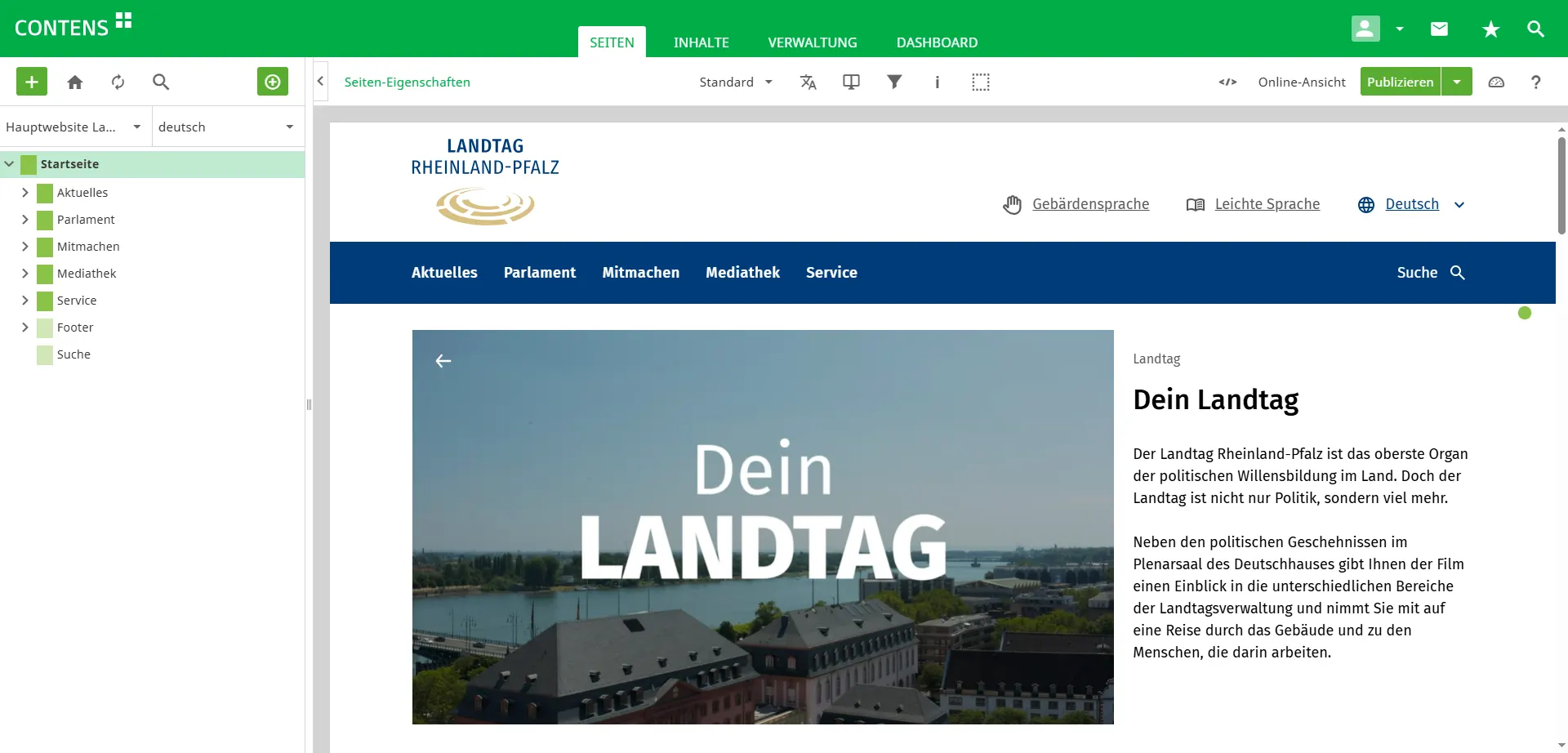 Homepage of the Rhineland-Palatinate State Parliament in CONTENS CMS