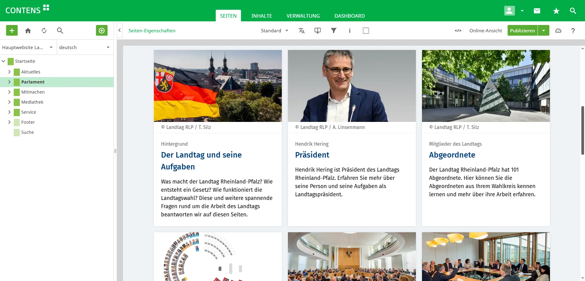 Distribution page "Parliament" of the Rhineland-Palatinate State Parliament in CONTENS CMS