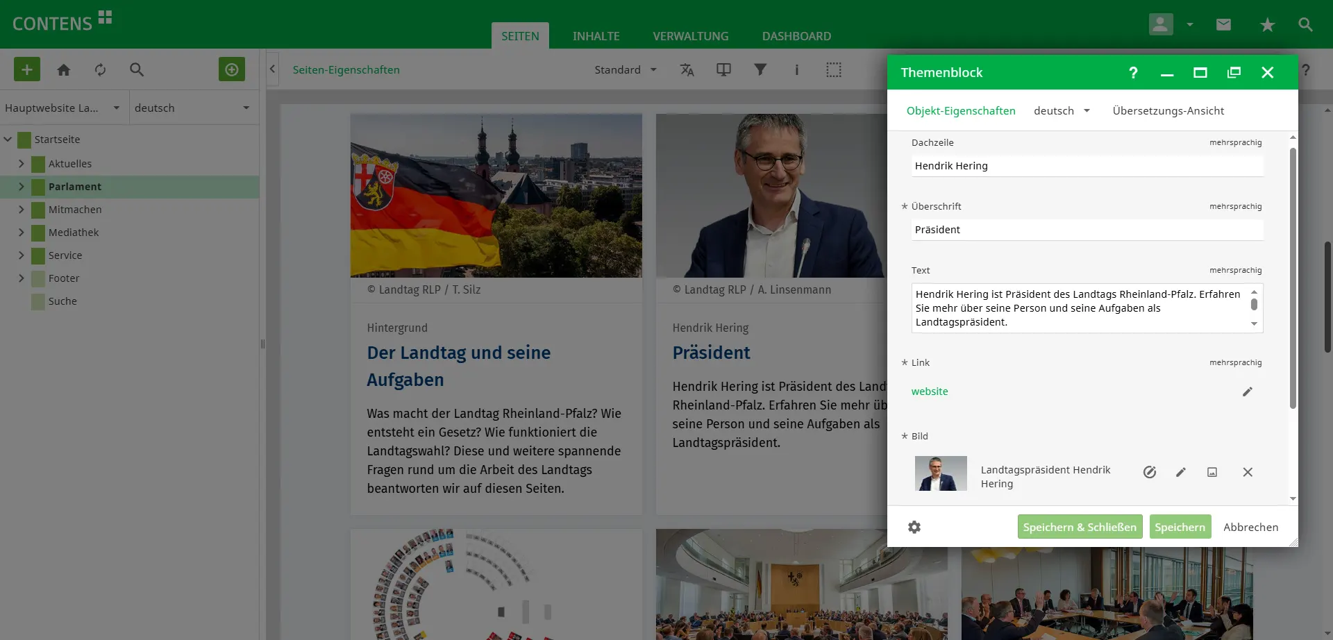 Distribution page "Parliament" of the Rhineland-Palatinate State Parliament in CONTENS CMS with edit window