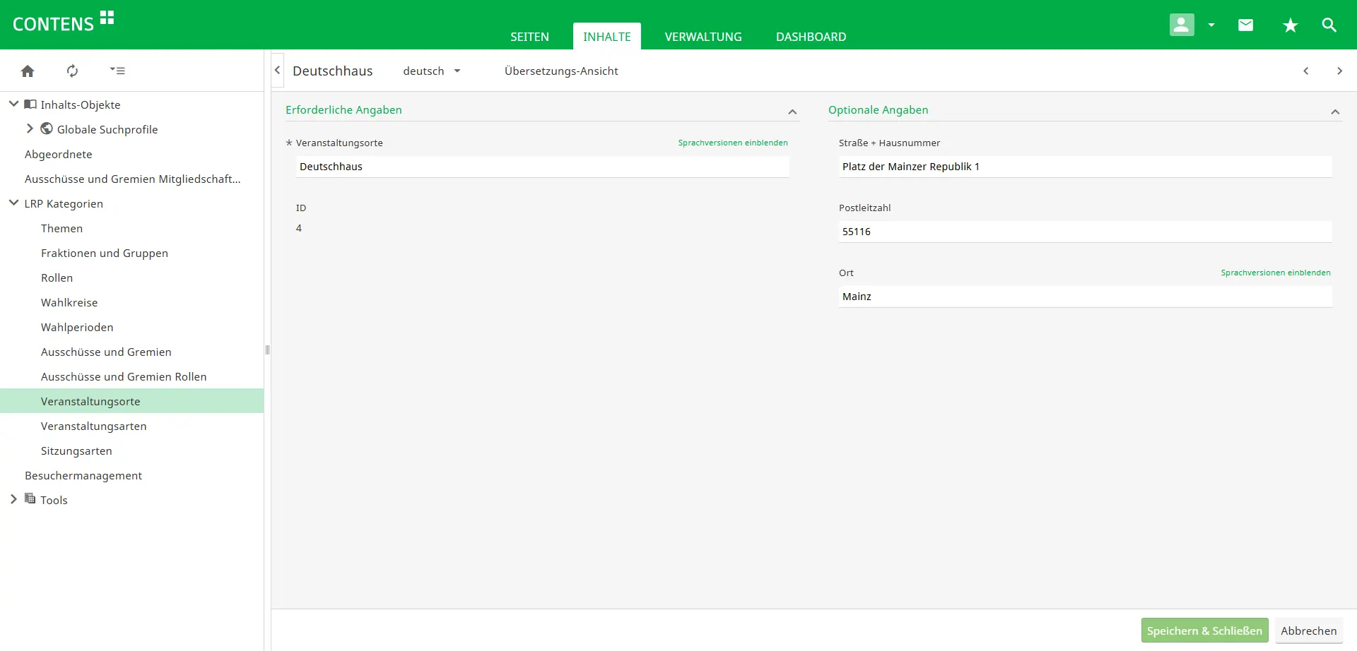 Managing an event location in CONTENS CMS