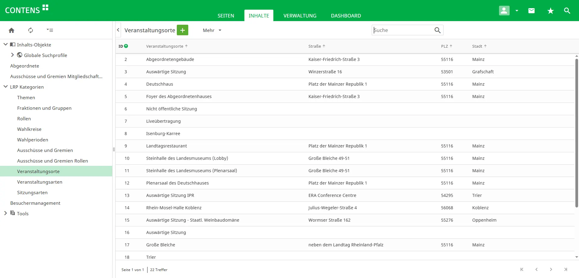 Venue management in CONTENS CMS
