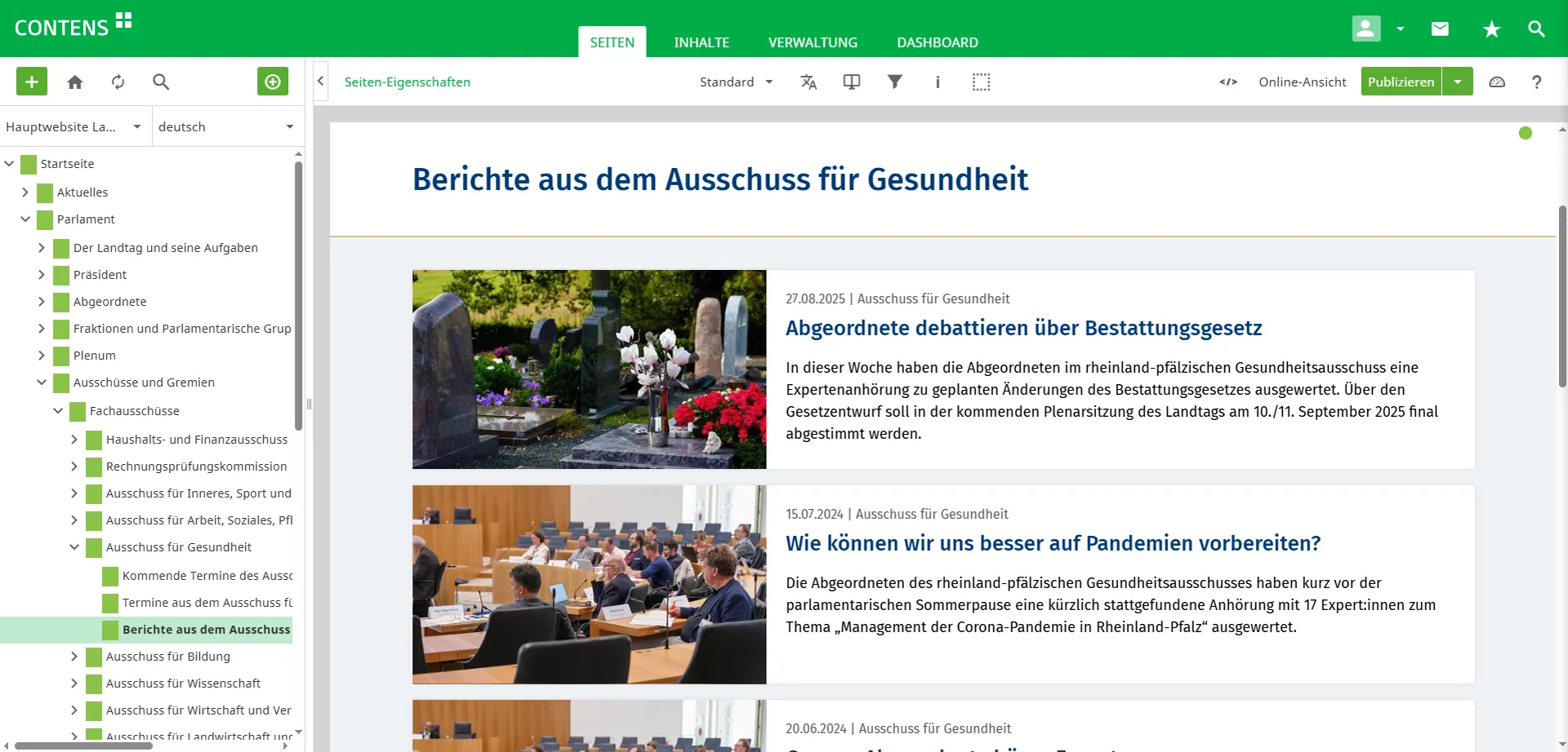 News list of the Rhineland-Palatinate State Parliament in CONTENS CMS