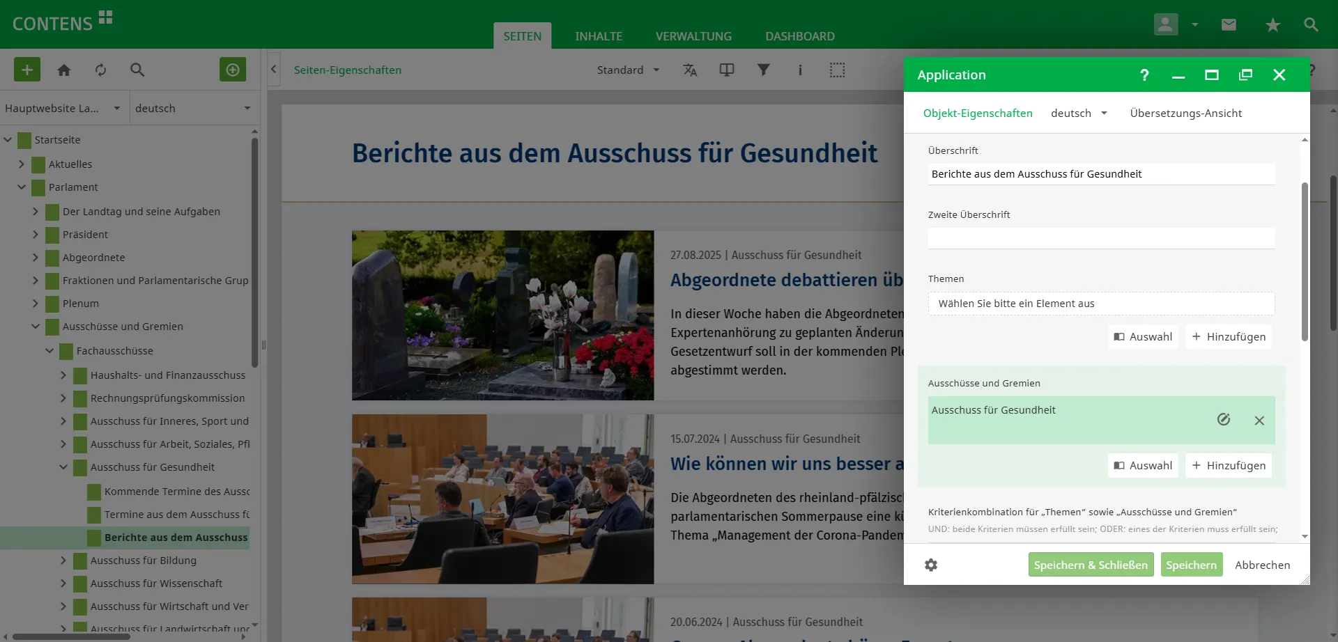 Editing the news list of the Rhineland-Palatinate State Parliament in CONTENS CMS