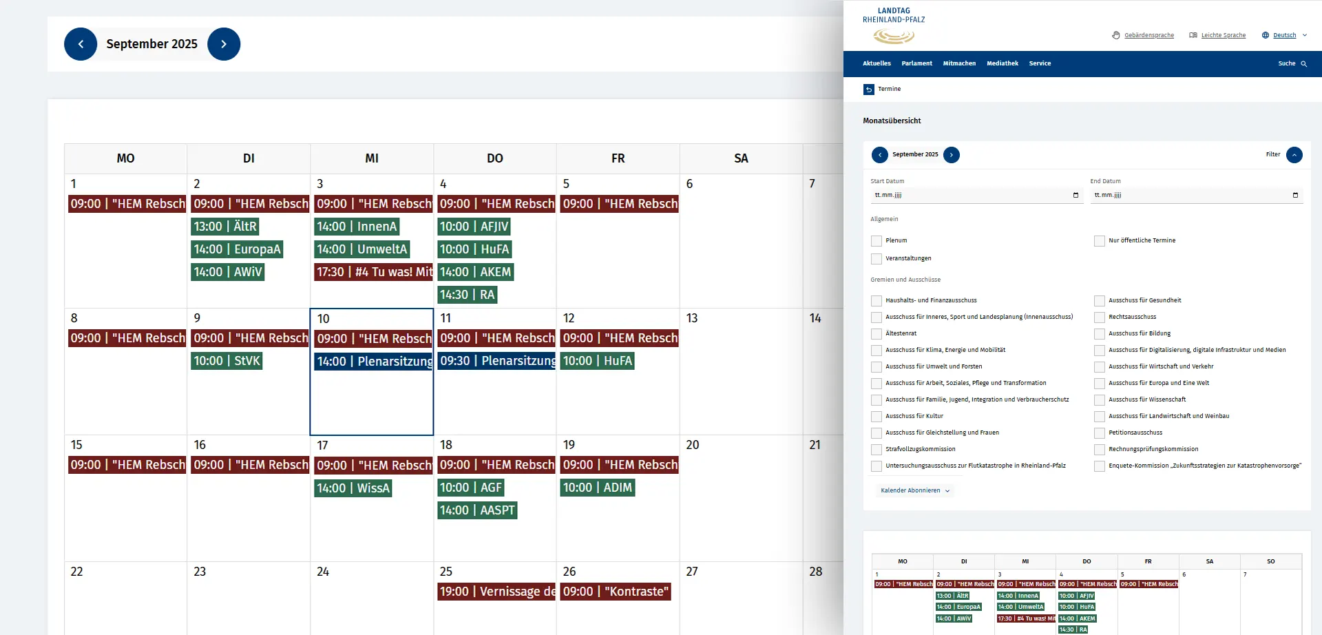 Calendar with events of the Rhineland-Palatinate State Parliament in responsive design