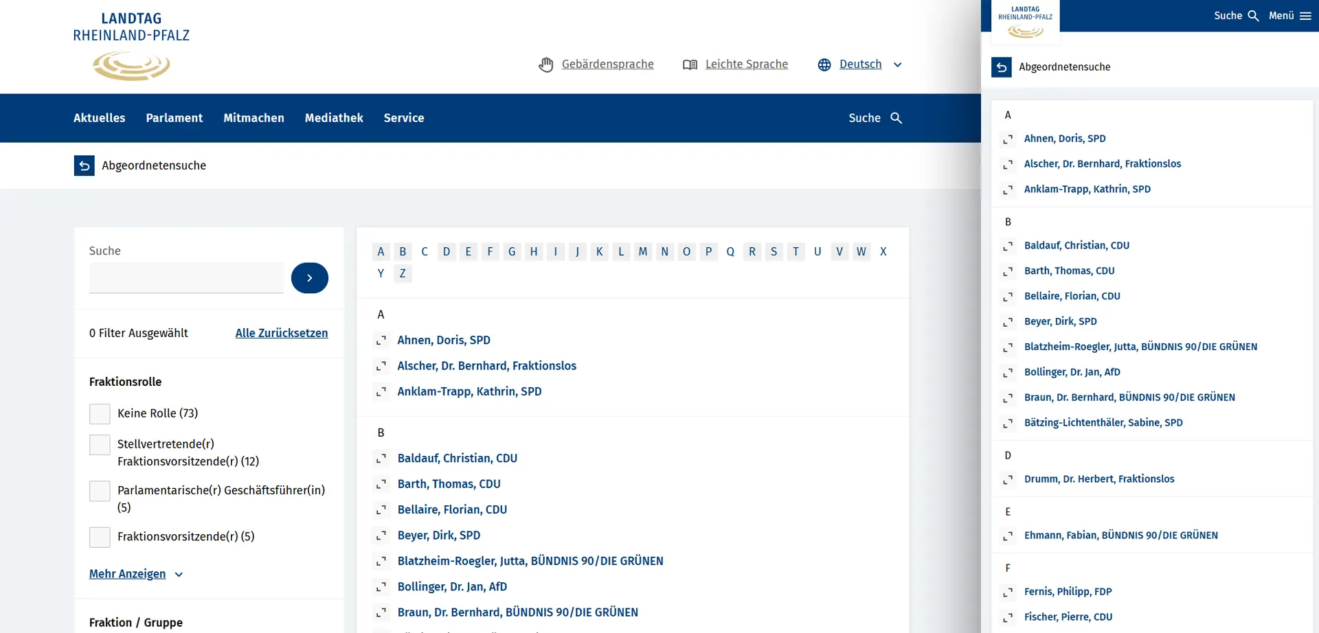 Member search of the Rhineland-Palatinate State Parliament in responsive design