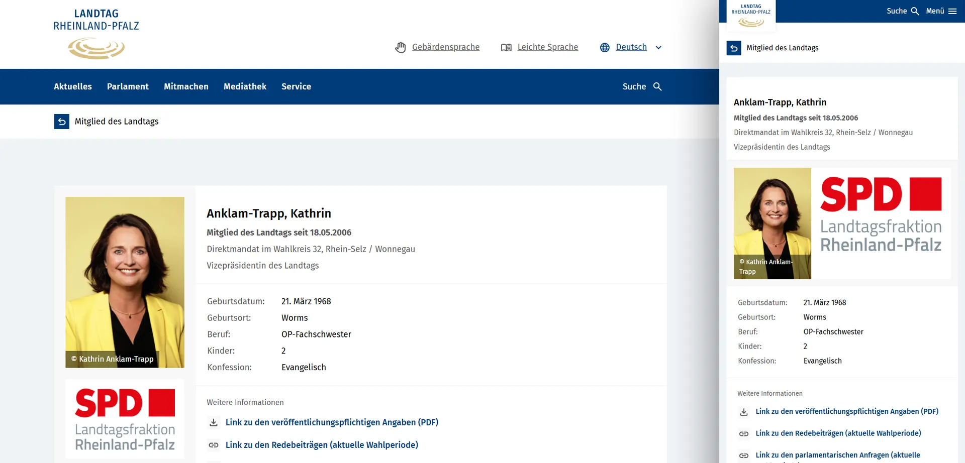 Member profile of the Rhineland-Palatinate State Parliament in responsive design