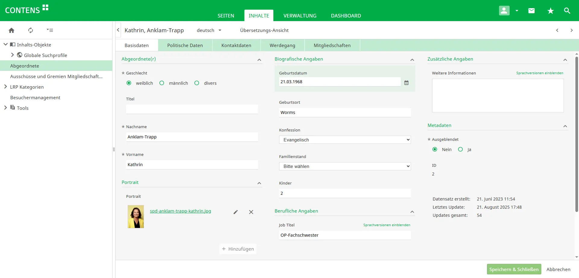Administration of basic data of members of the Rhineland-Palatinate State Parliament in CONTENS CMS