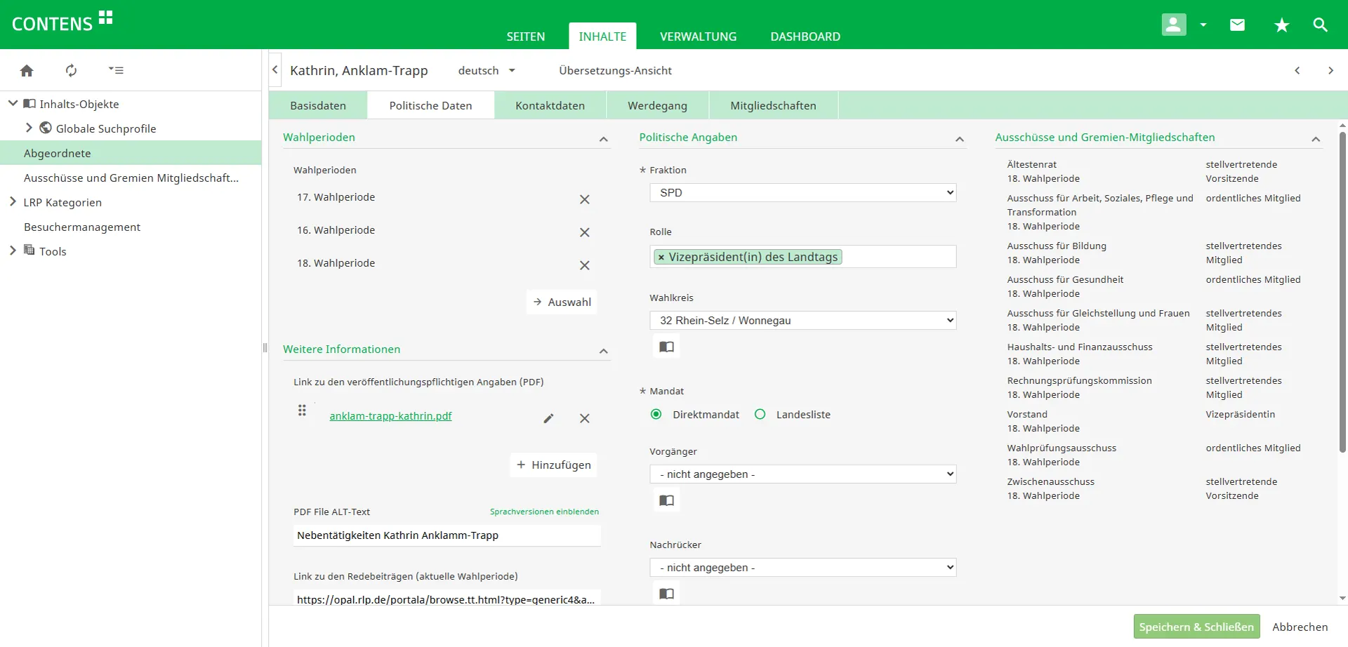 Management of political data of members of the Rhineland-Palatinate State Parliament in CONTENS CMS