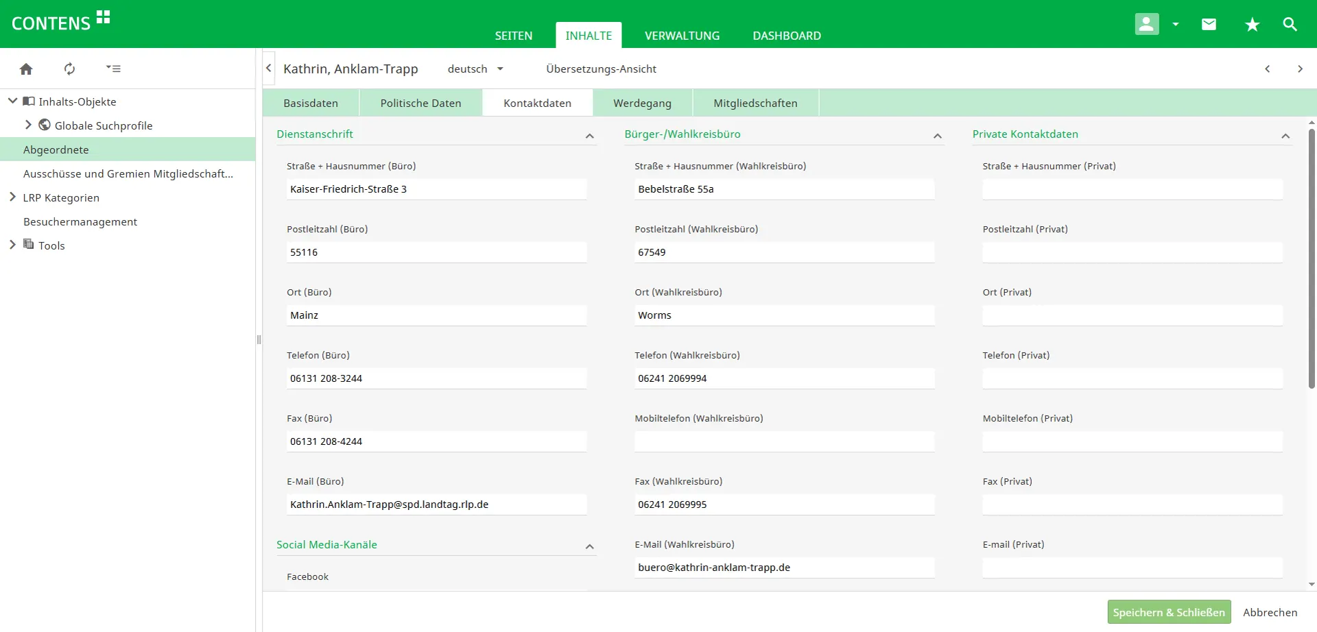 Management of contact details of members of the Rhineland-Palatinate State Parliament in CONTENS CMS