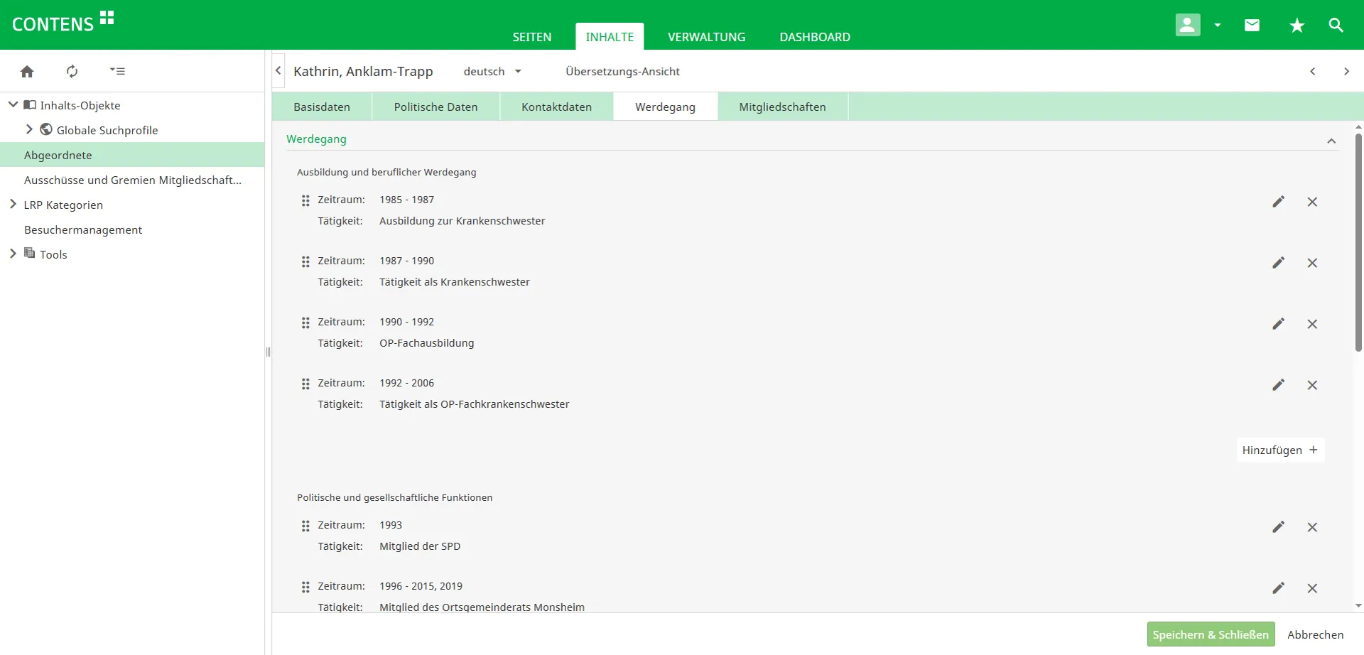 Administration of the careers of members of the Rhineland-Palatinate State Parliament in the CONTENS CMS